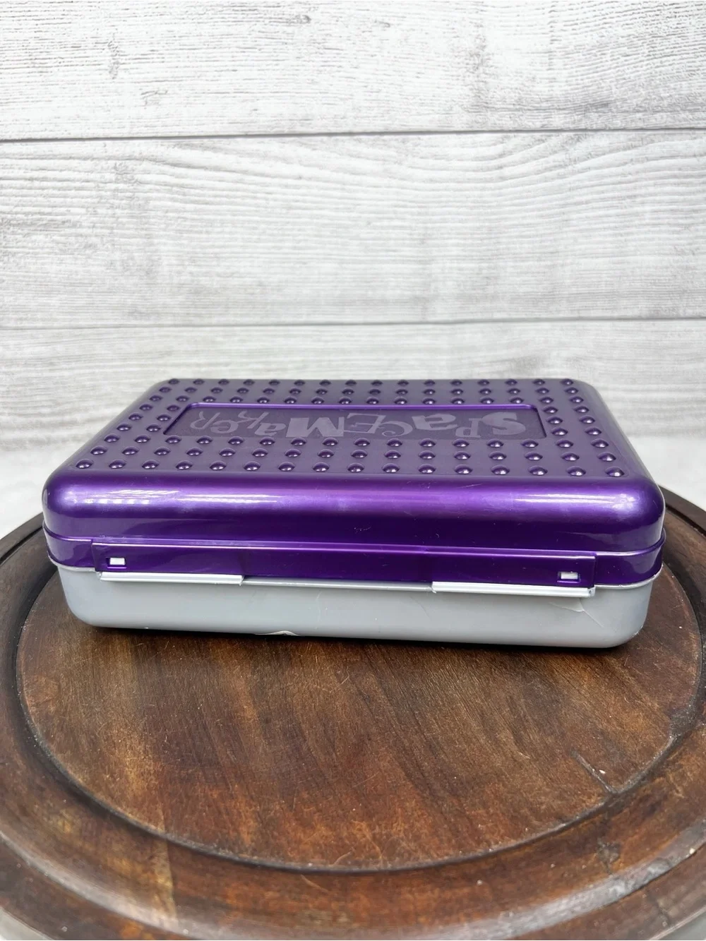 Vintage Spacemaker Plastic Pencil Pen Storage Box Purple Silver 90s FLAW